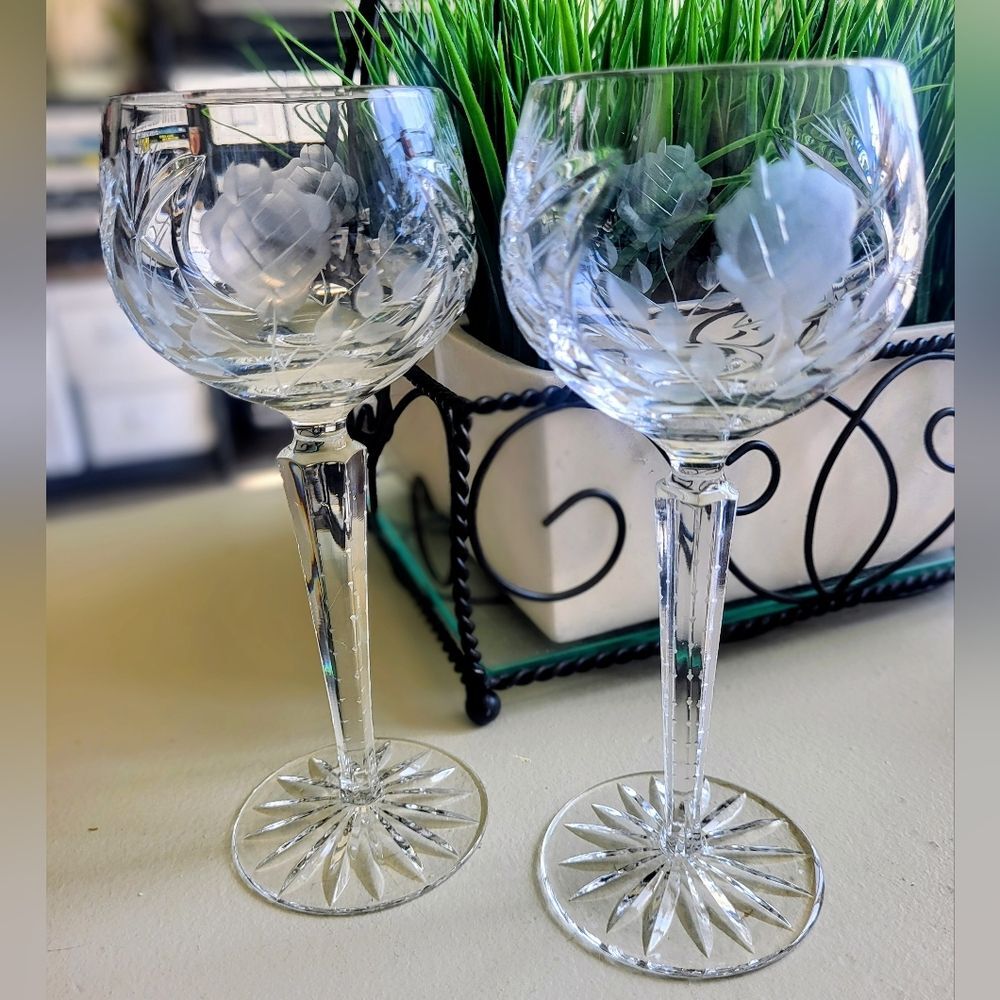 Vintage Cut Crystal & Etched Rose Wine Goblets – Set of 2 – 7.5” Tall